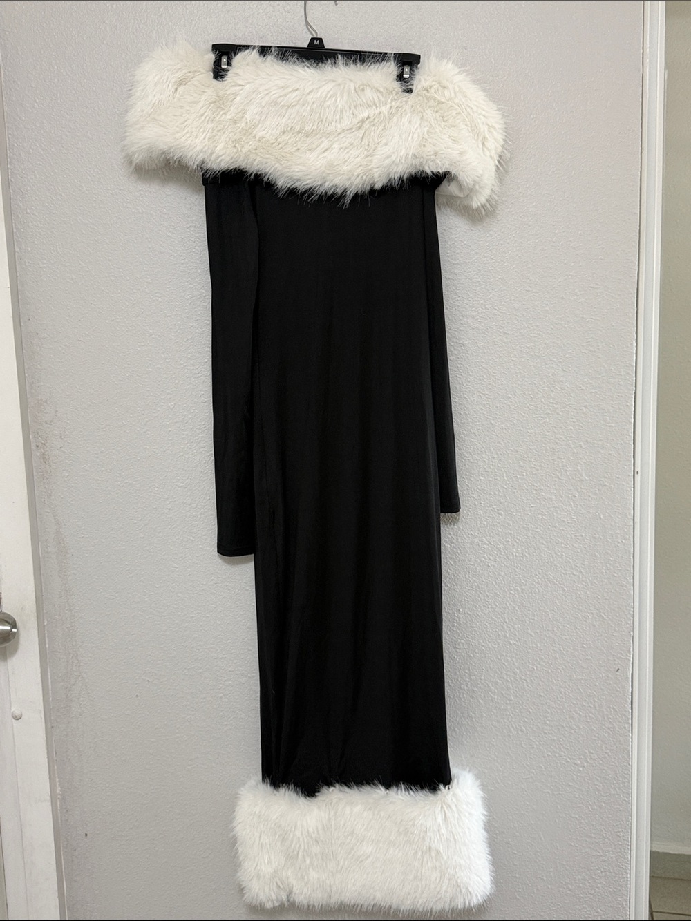Black Off-Shoulder Dress with White Faux Fur Trim removable